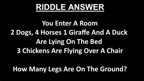 You enter a room. 2 dogs - Jun 28, 2022 · June 28, 2022 by Carla [Solved] You enter a room 2 dogs 4 horses Riddle: You walk in a room and on the bed, there are 2 dogs, 4 cats, one giraffe, 5 cows and a duck, 3 chickens flying above a chair; how many legs are on the floor? The answer: Riddles have always been a popular form of brain training fun. 